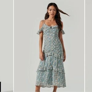 astr the label daisy dell teal floral ruffle shoulder ruched midi summer dress